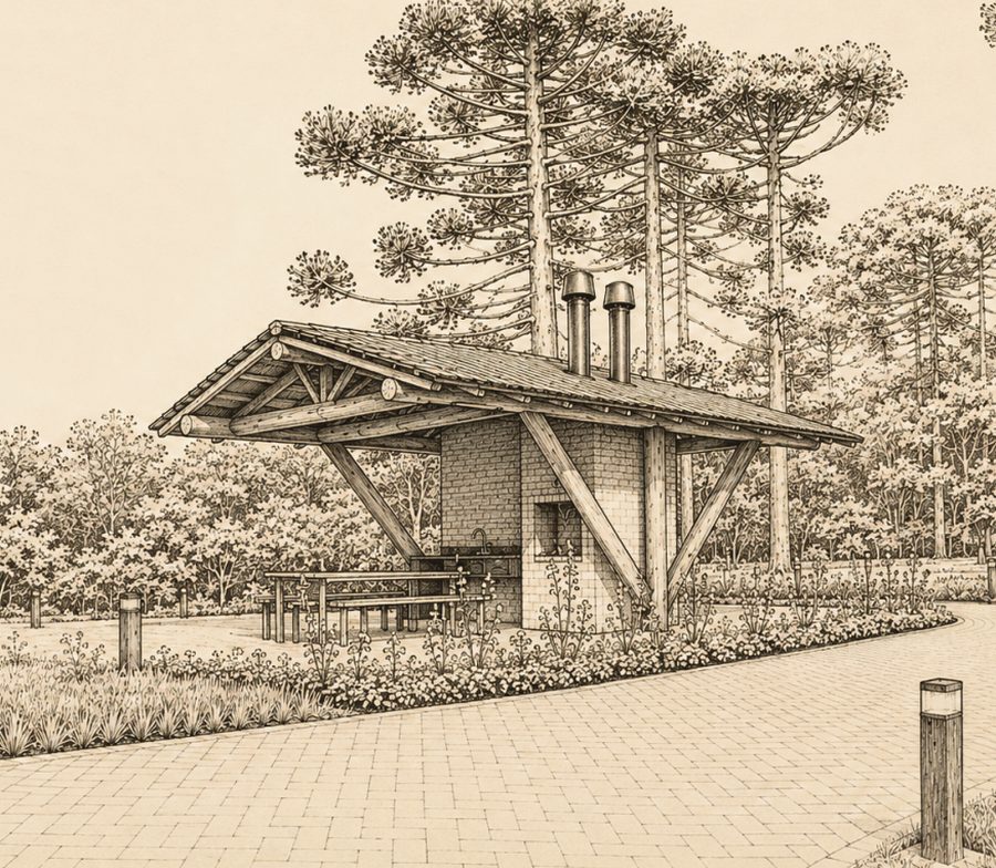 Ilustração das churrasqueiras do Parque do Caracol sob as araucárias